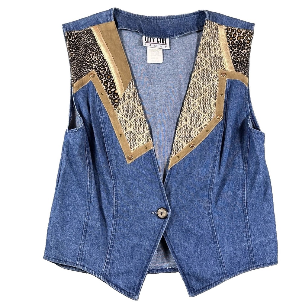 VTG Denim Animal Print Retro Womens Vest Patchwork 12 Large 80's Hippie Festival